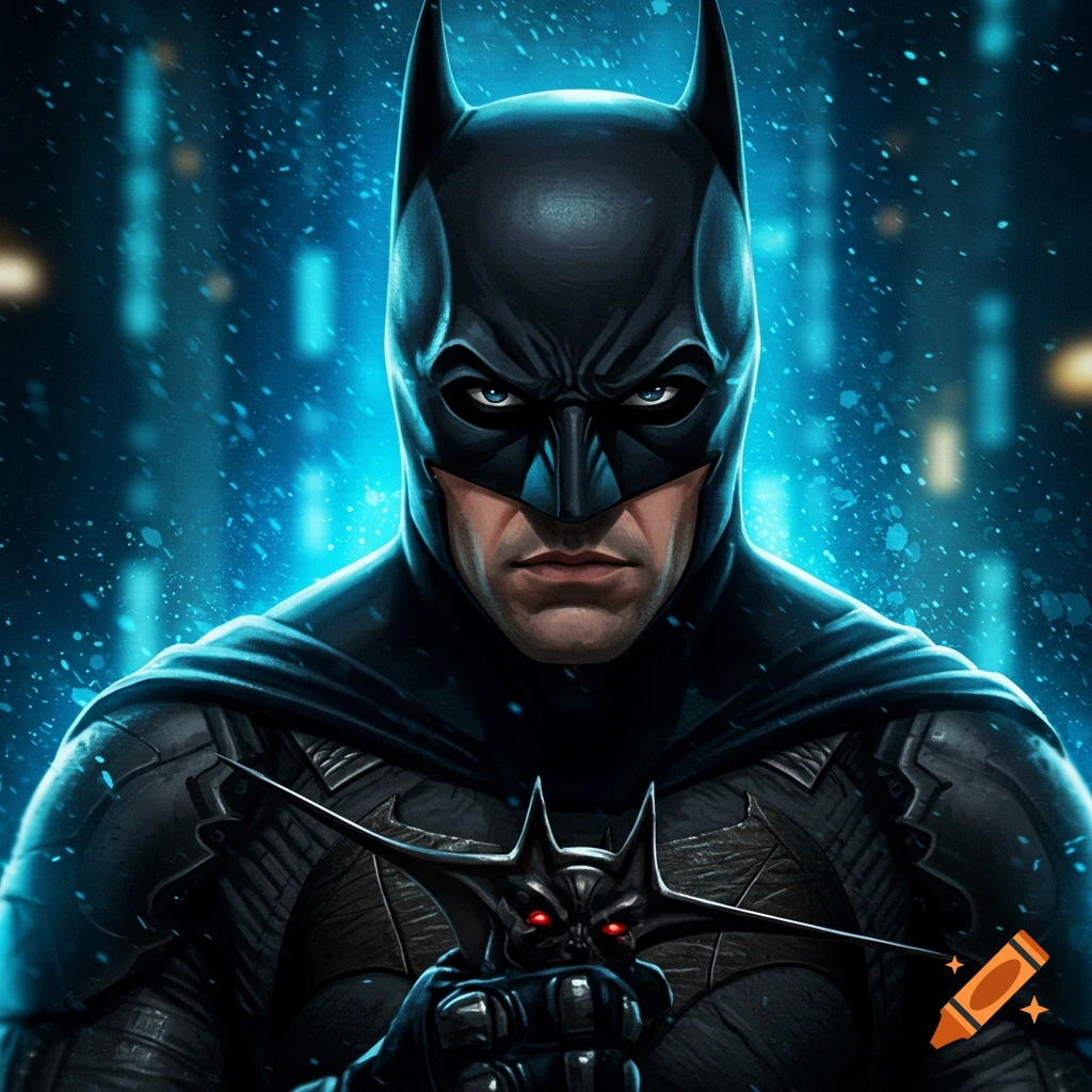 Close-up of Batman looking forward, holding a batarang.