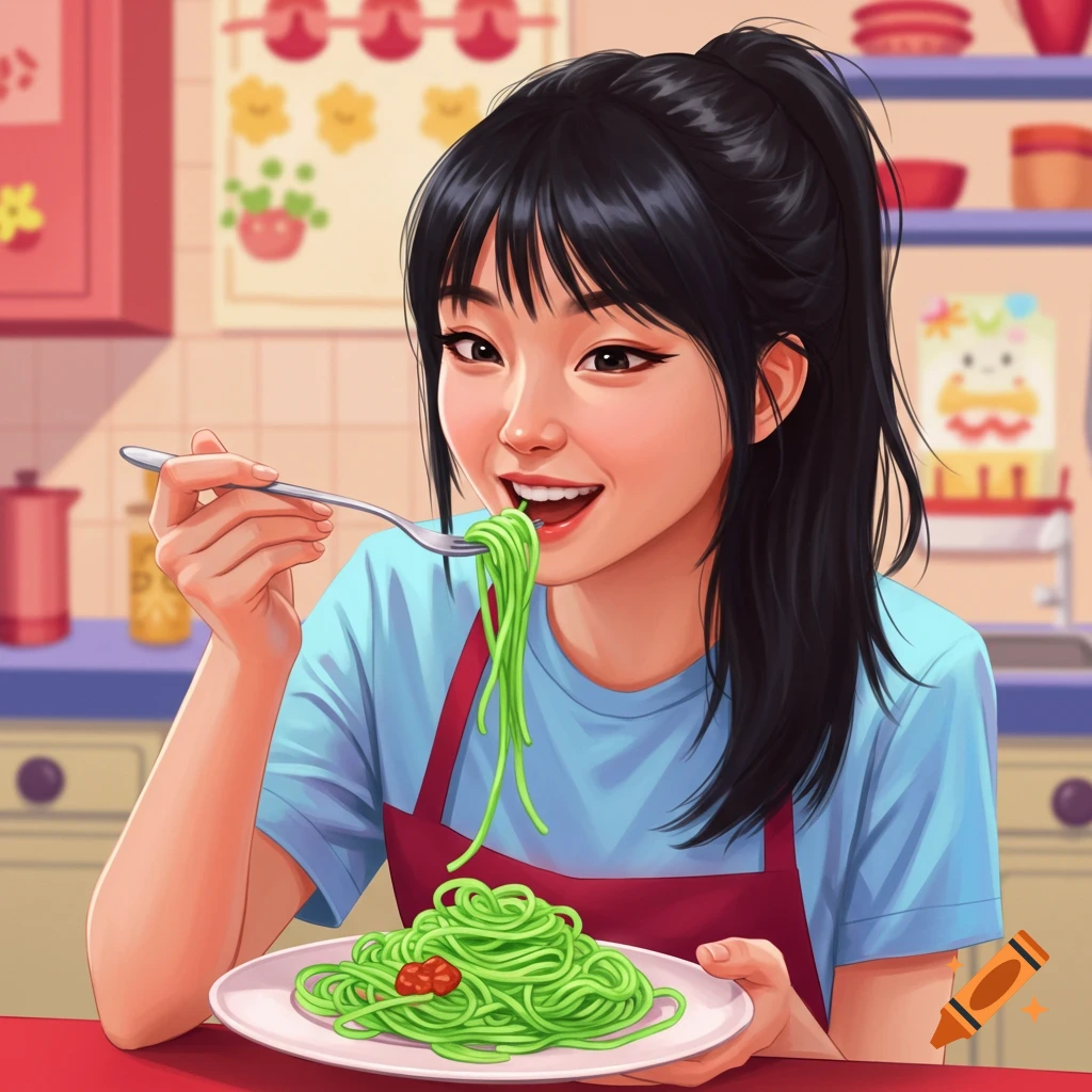 A person eating green spaghetti in a kitchen.