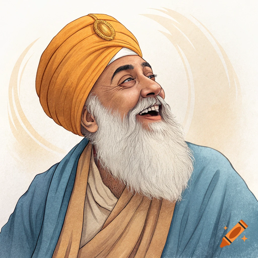 Illustration of a man resembling Guru Nanak smiling, wearing an orange turban and blue robe