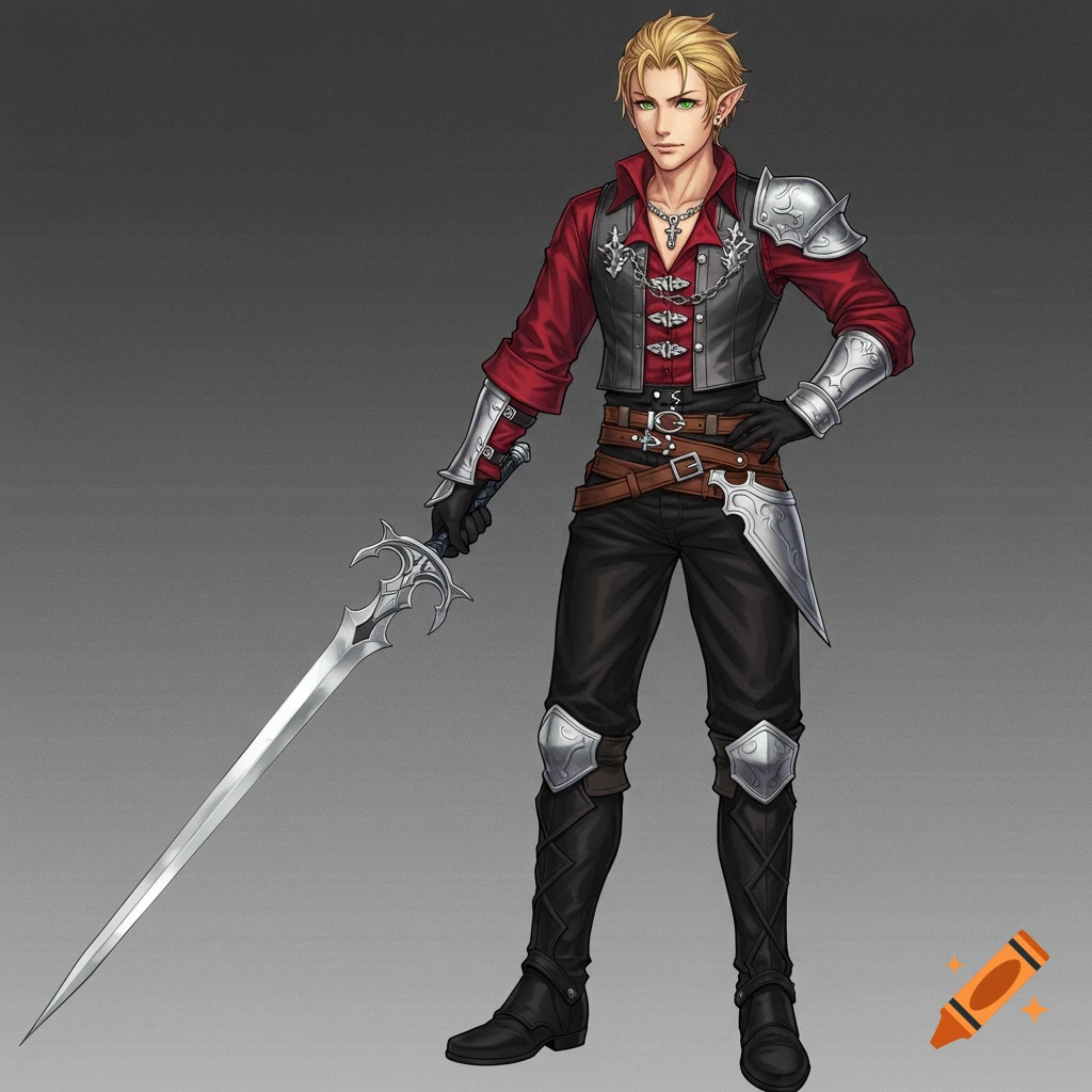 Illustrated male fantasy character with blond hair, green eyes, wearing armor and holding a sword.