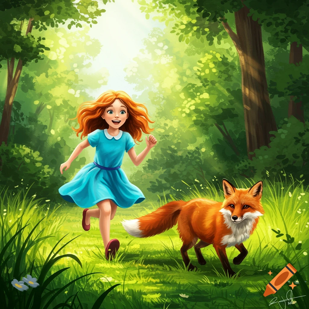 Whimsical scene of a girl chasing a fox in a sunlit forest.