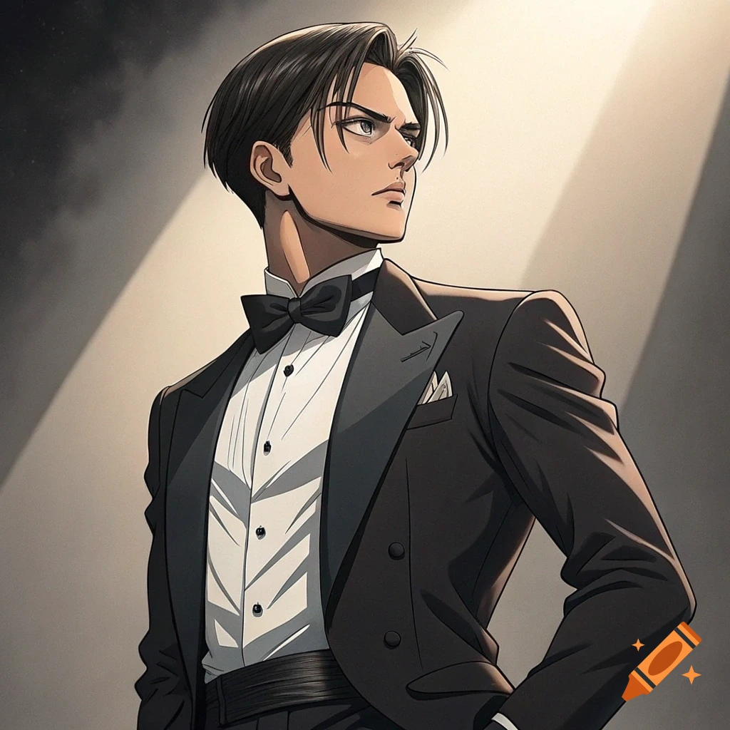 Anime illustration of Levi Ackerman in a black tuxedo and bowtie, looking away.