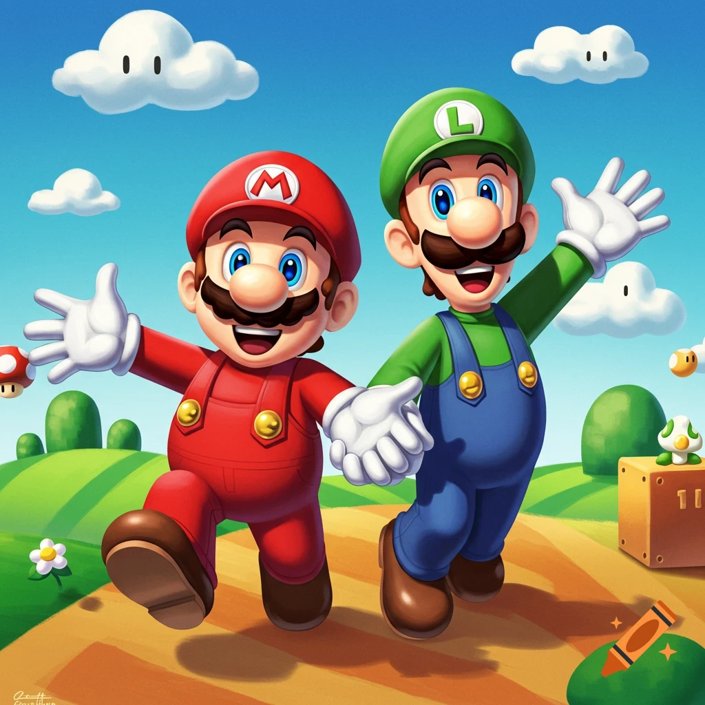 Digital illustration of Mario and Luigi waving in a Super Mario game environment.