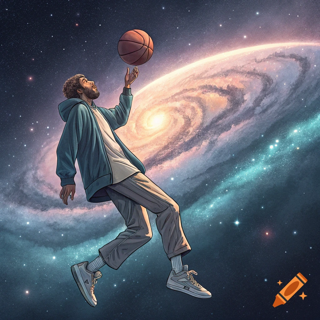 Illustrated person floating in space spinning a basketball, with a galaxy in the background.