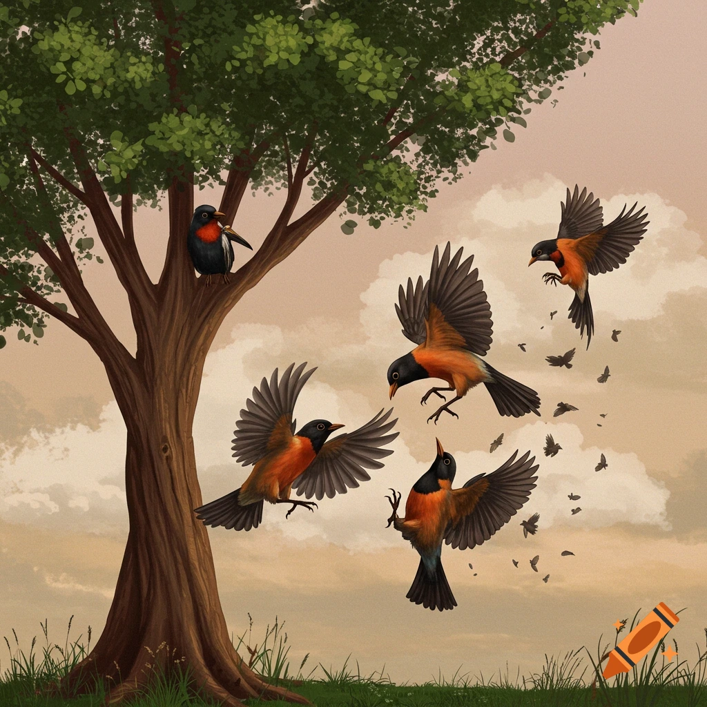 Several birds flying around a tree, with one bird perched on a branch.