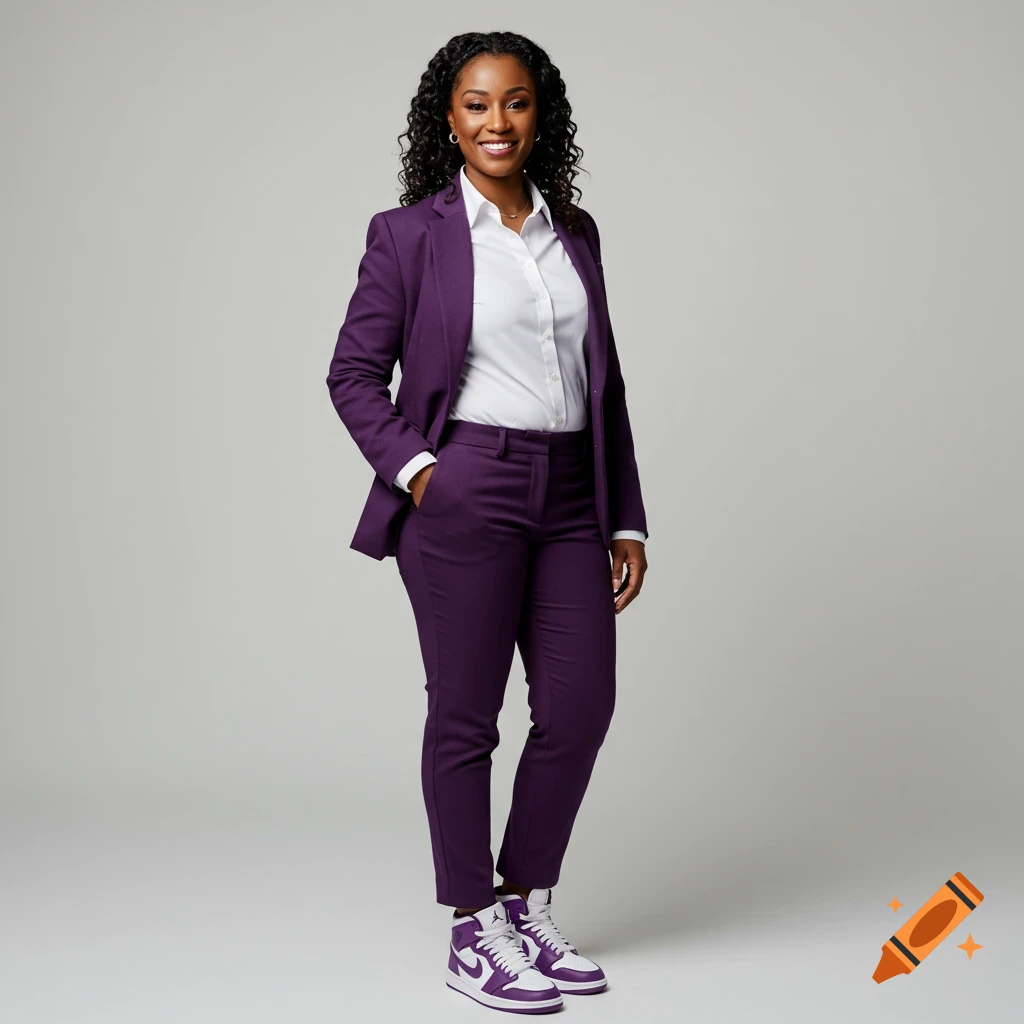 An African American woman in a purple suit and white sneakers stands against a grey background.