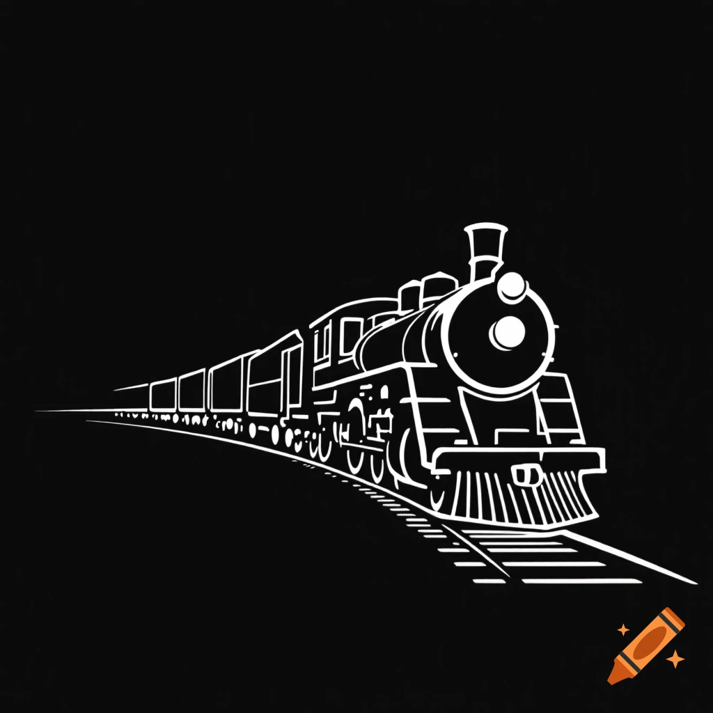 White outline illustration of a steam train on a track against a black background.