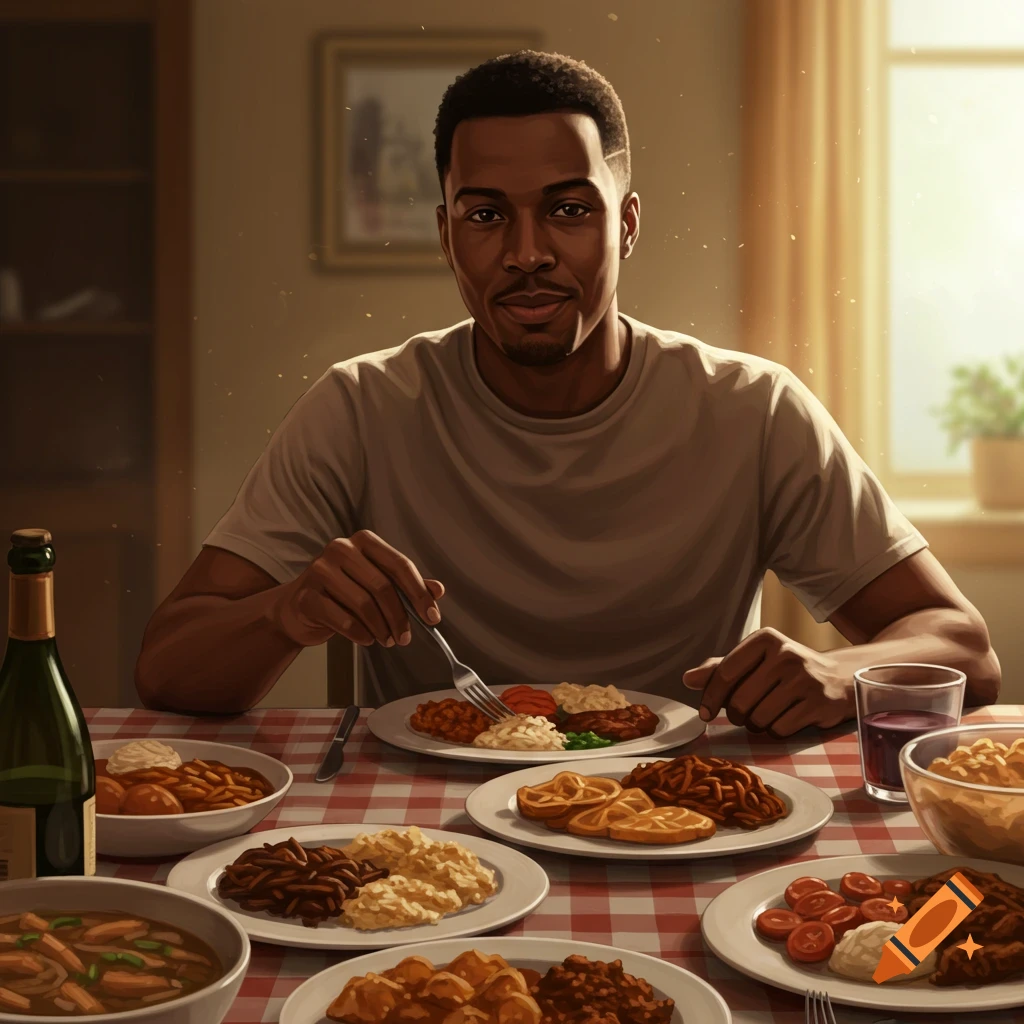A Black man is sitting at a table piled high with plates of food, holding a fork.