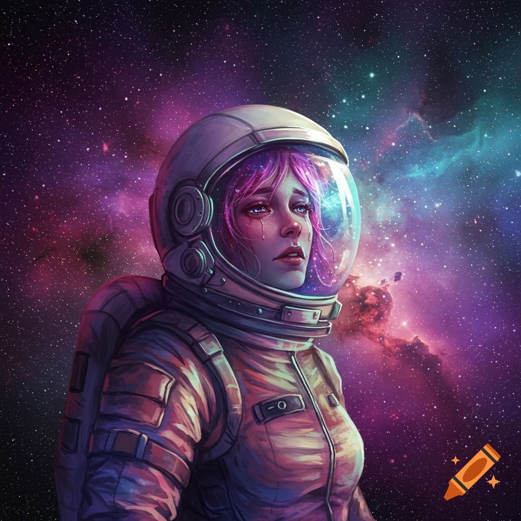 A crying astronaut in a space suit is looking up at a colorful nebula and stars.