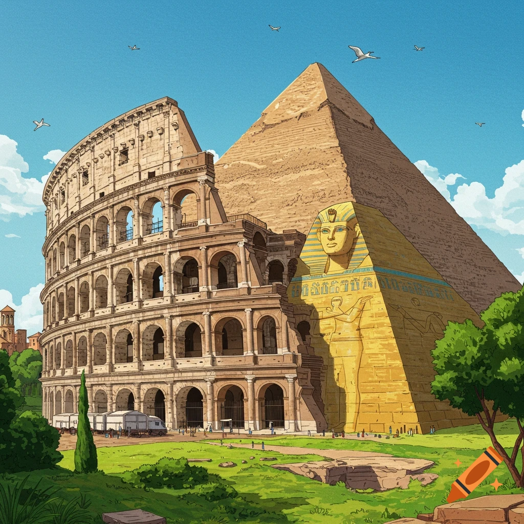 The Roman Colosseum stands next to an Egyptian pyramid and sphinx.