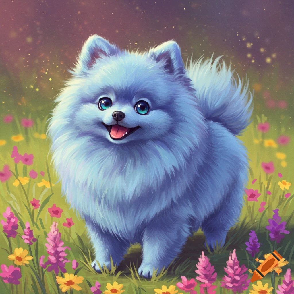 A fluffy blue dog stands in a field of pink and yellow flowers.