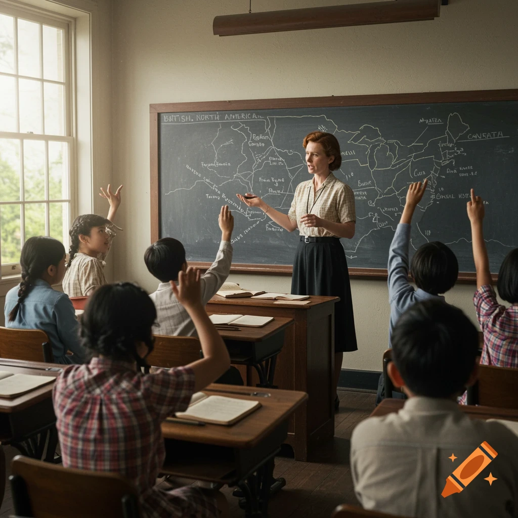 Teacher and students in a sunlit mid-century classroom; teacher points at a blackboard map, students raise hands.