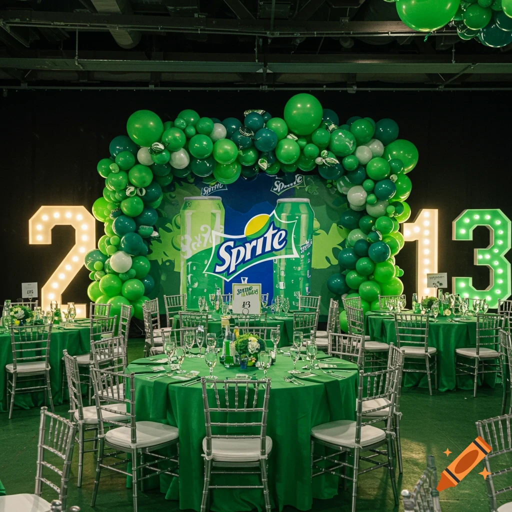 Sprite-themed graduation party with green tables, balloon arch, marquee 2013 numbers, and branding.