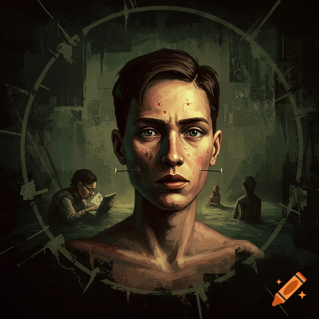 A person with nails through their face and symbols, background figures.
