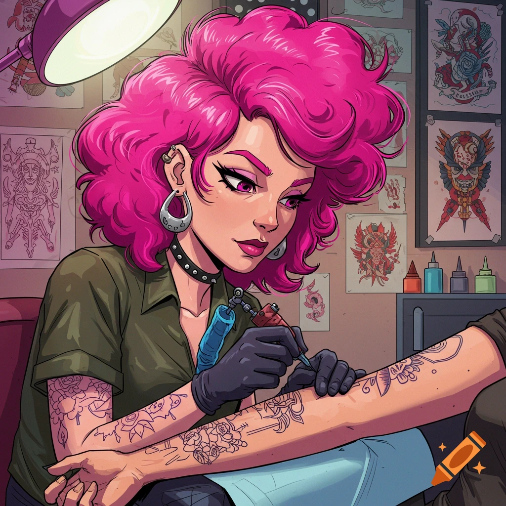 A pink-haired tattoo artist working on a client in a studio.