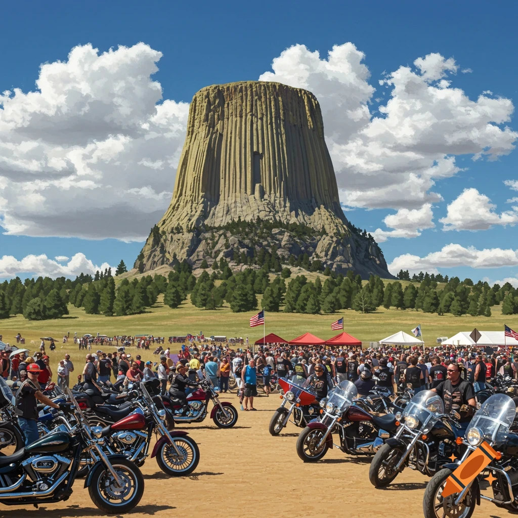 A large gathering of people and motorcycles is in a field with Devils Tower in the background.