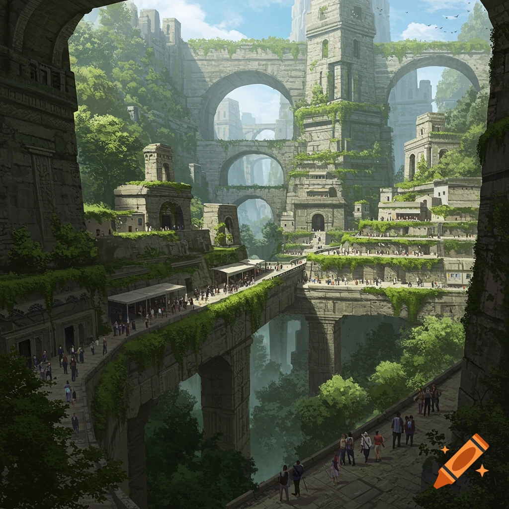 An ancient city built into a valley with stone arches, terraces, and walkways overgrown with greenery, populated by people.