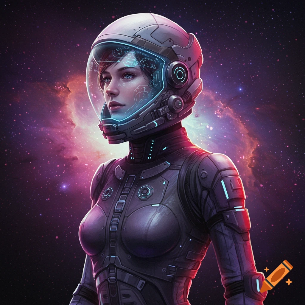 A woman in a futuristic spacesuit is positioned against a galaxy backdrop