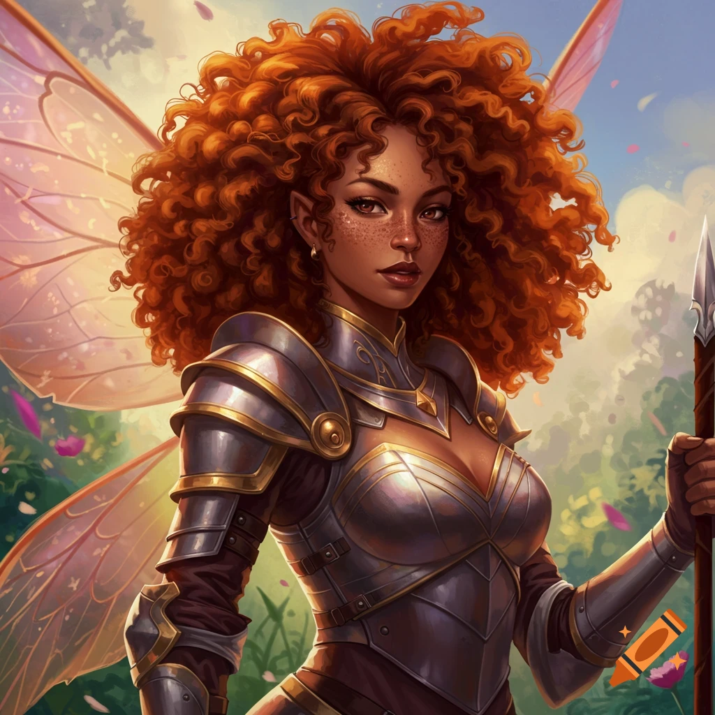 A black female fairy soldier with red curly hair and freckles wearing armor.