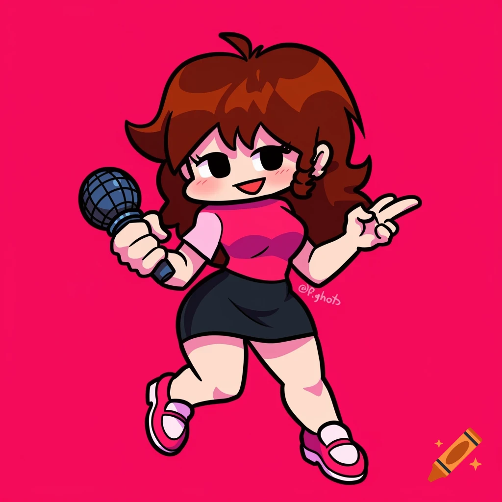 Stylized illustration of Girlfriend from Friday Night Funkin' holding a microphone, dancing against a pink background.