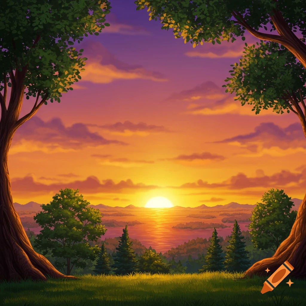 A sunset over a lake, framed by trees. Warm orange and purple sky with clouds.