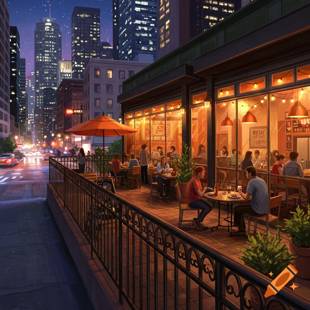 A restaurant patio bustling with diners on a city street at night.