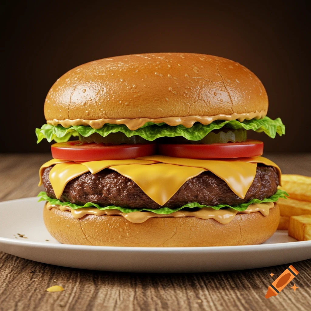 Photorealistic cheeseburger on a white plate with fries and a dark background