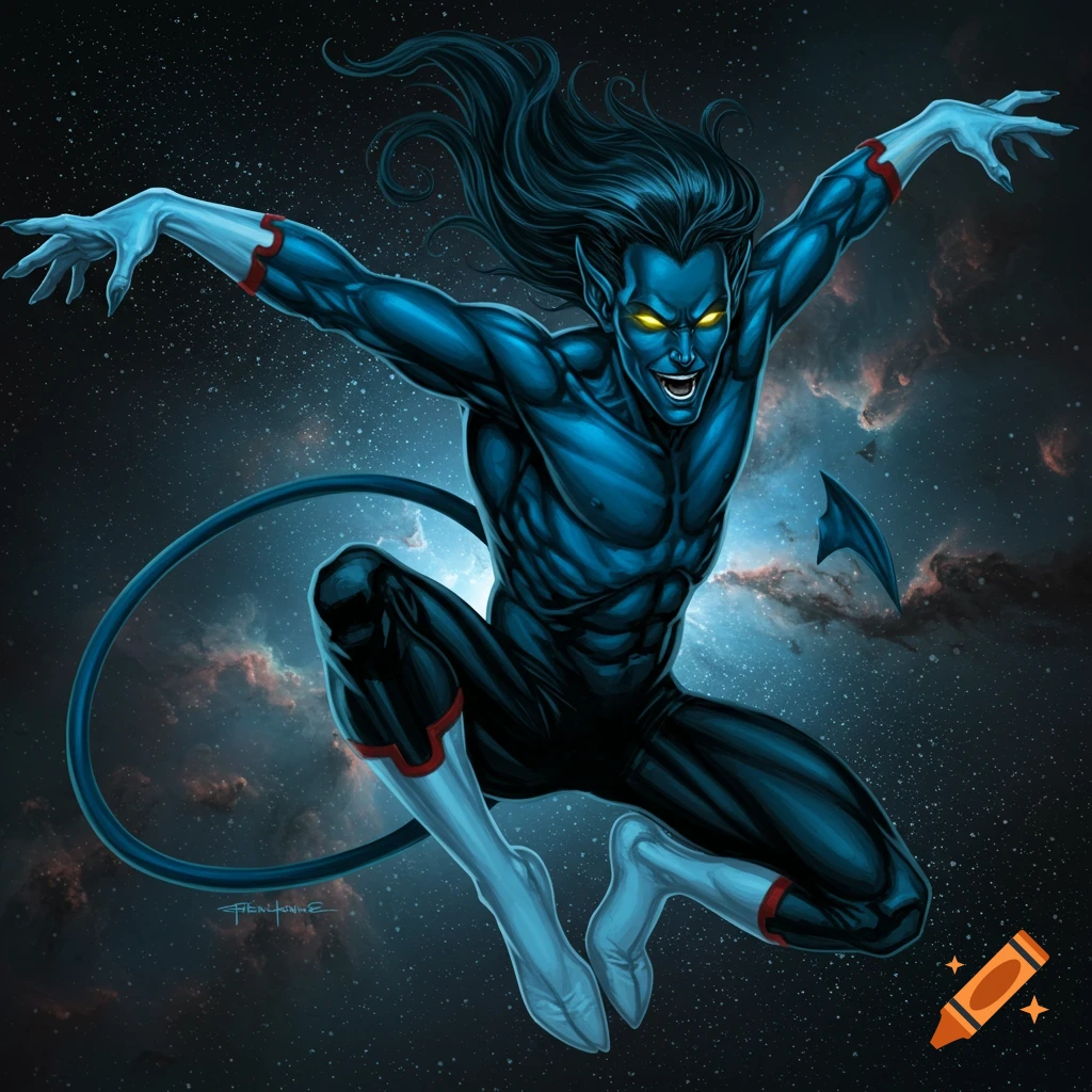 Blue-skinned superhero Nightcrawler leaps in space
