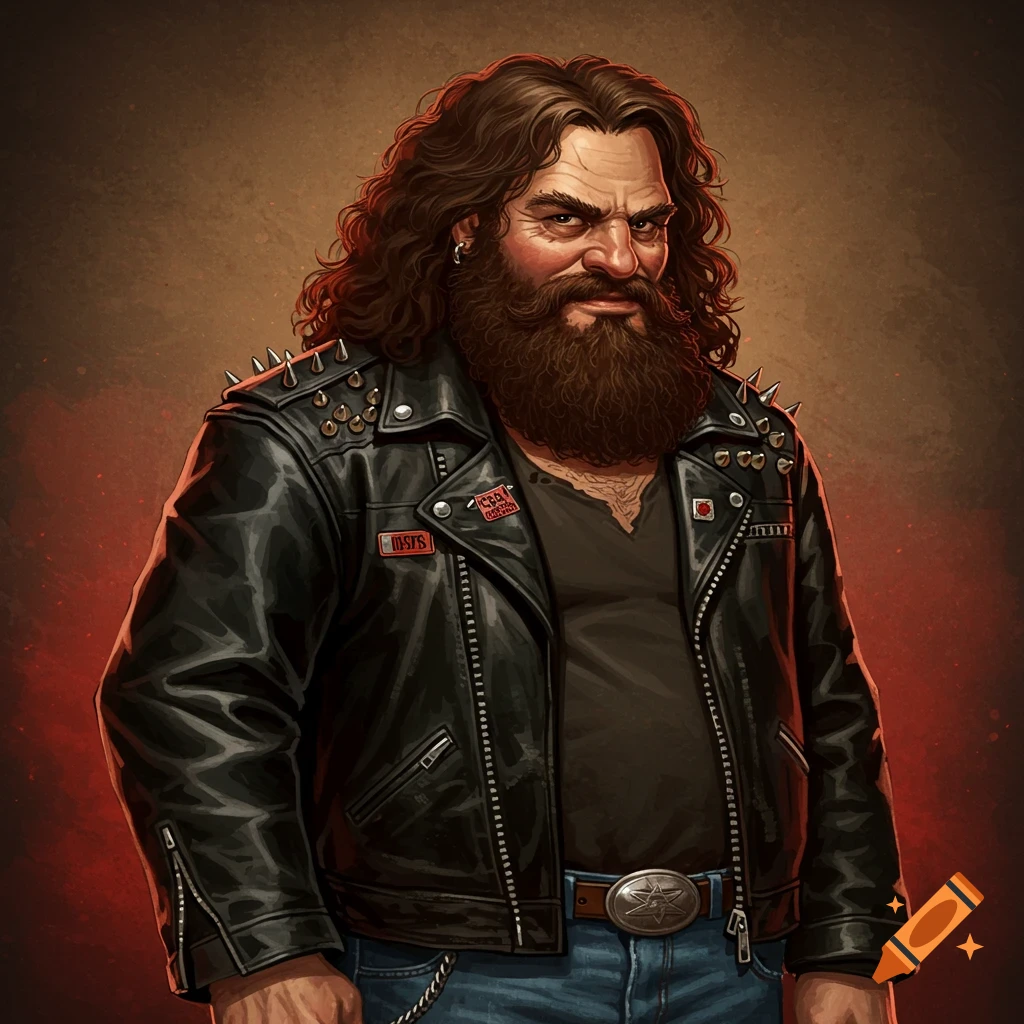 A long-haired, bearded man in a spiked leather jacket and jeans.