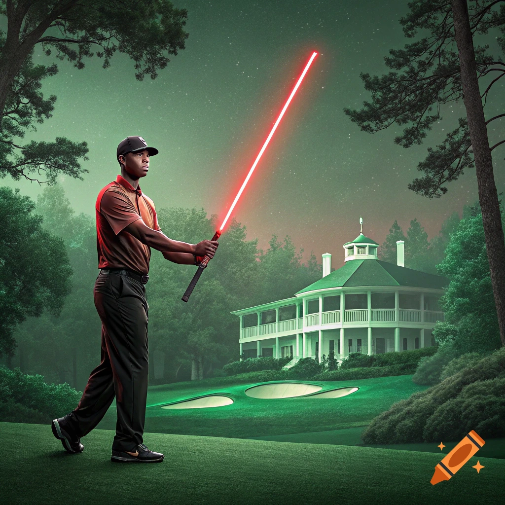 Tiger Woods holds a red lightsaber on a golf course resembling Augusta National.