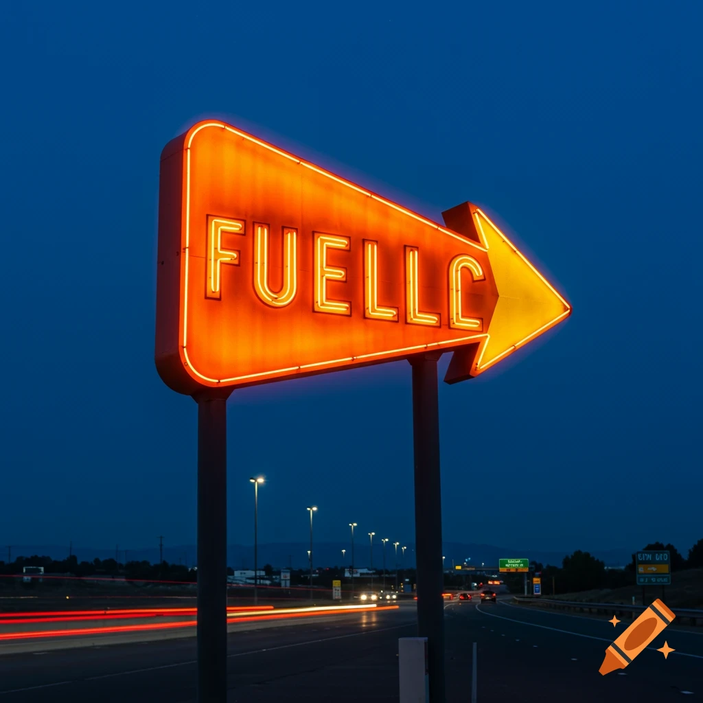 An orange neon sign pointing right saying 'FUELLC' beside a highway at night with red light trails from cars.