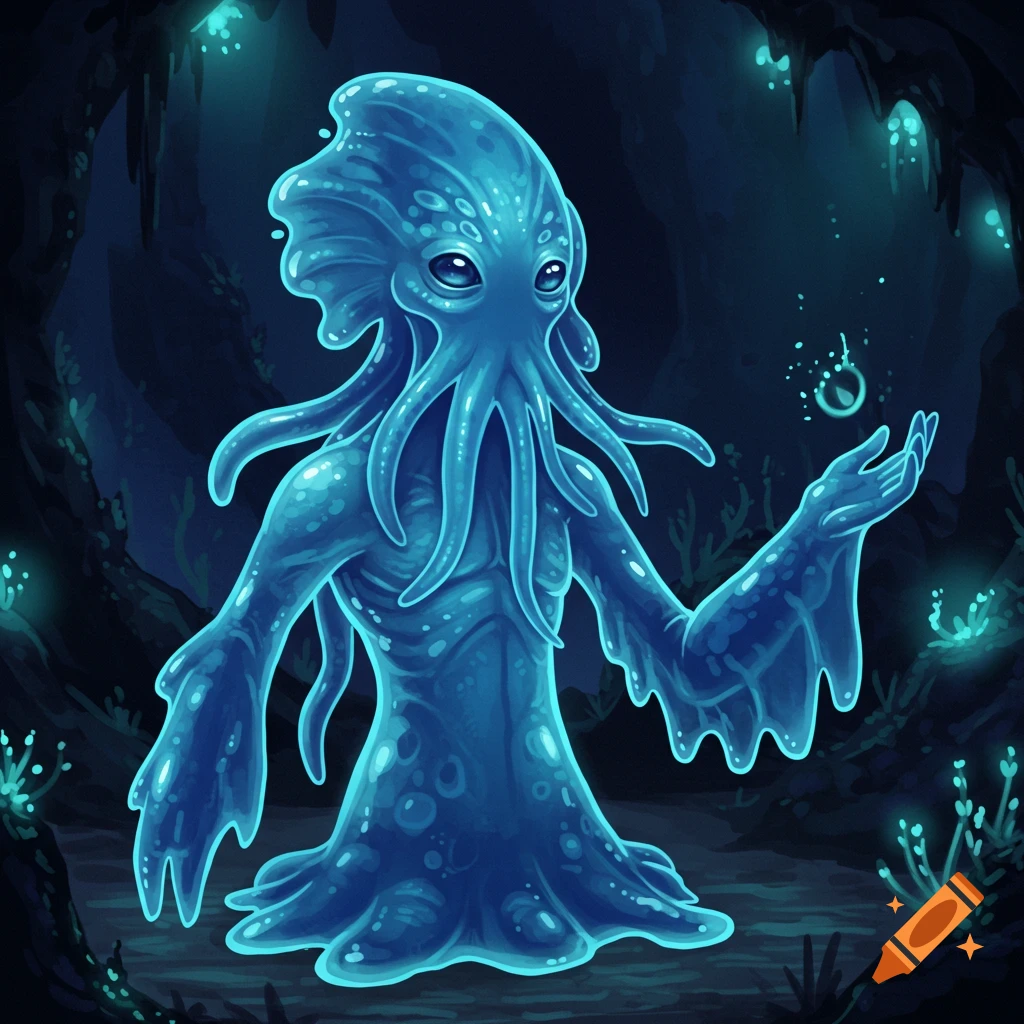 Blue tentacled fantasy creature holds a glowing orb in a dark cave.