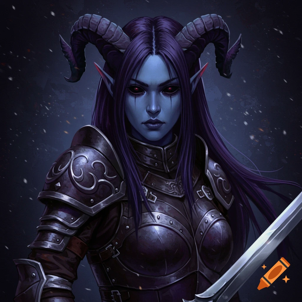 A blue-skinned Tiefling warrior in armor, holding a sword.
