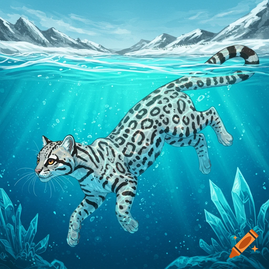 A snow ocelot swimming underwater with icy mountains and crystals.