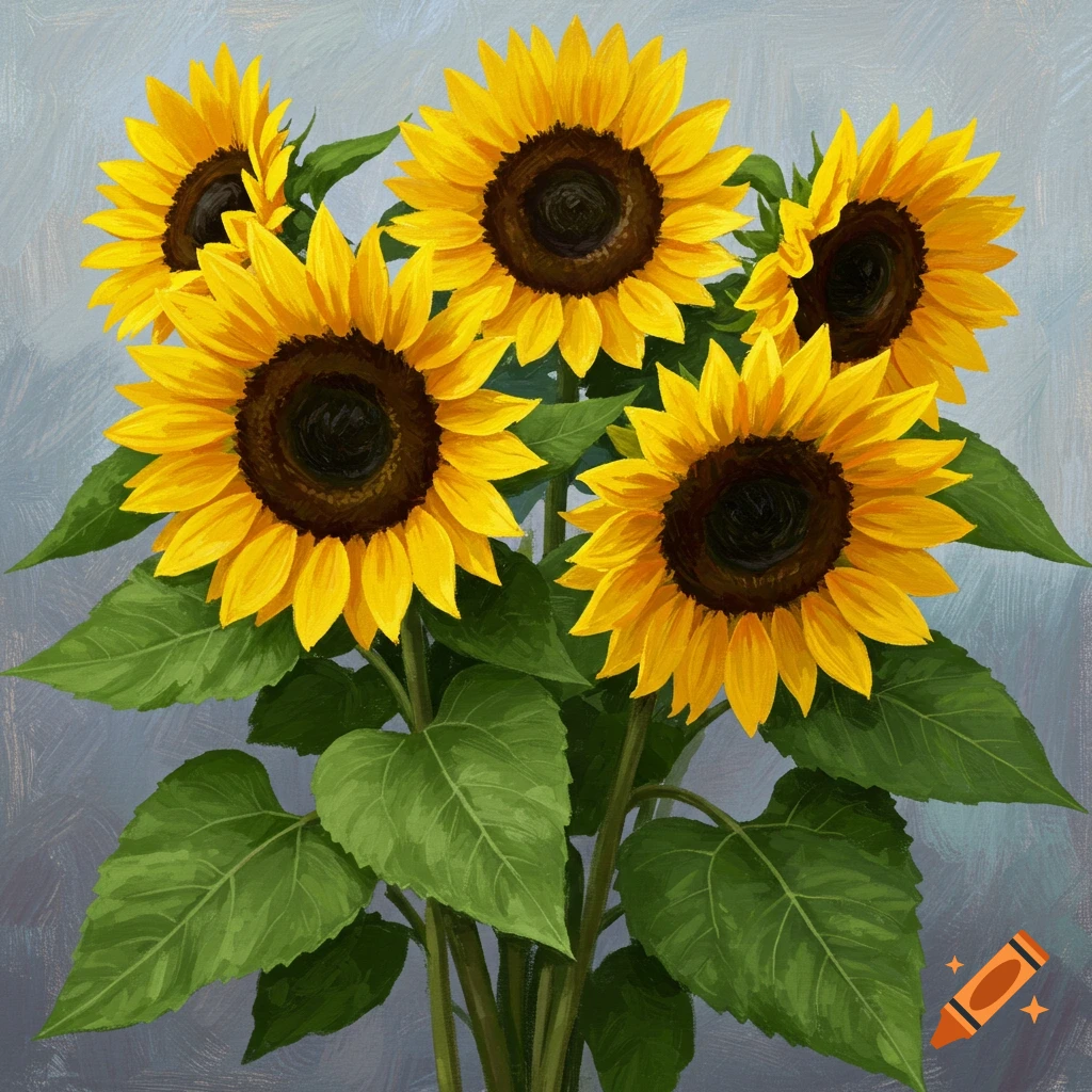 Five sunflowers with green leaves against a textured background.