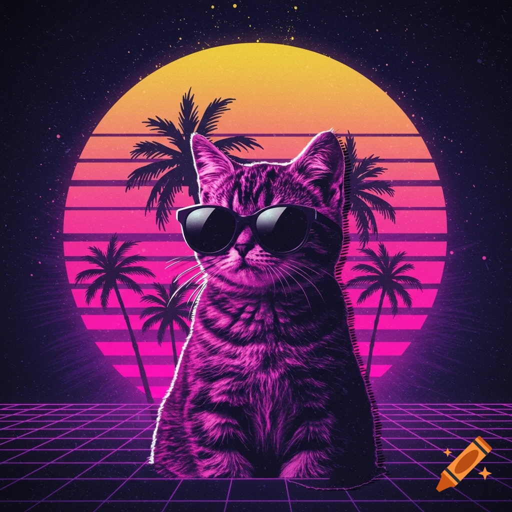 Retro vaporwave style illustration of a cat wearing sunglasses in front of a sunset with palm trees and a grid ground.