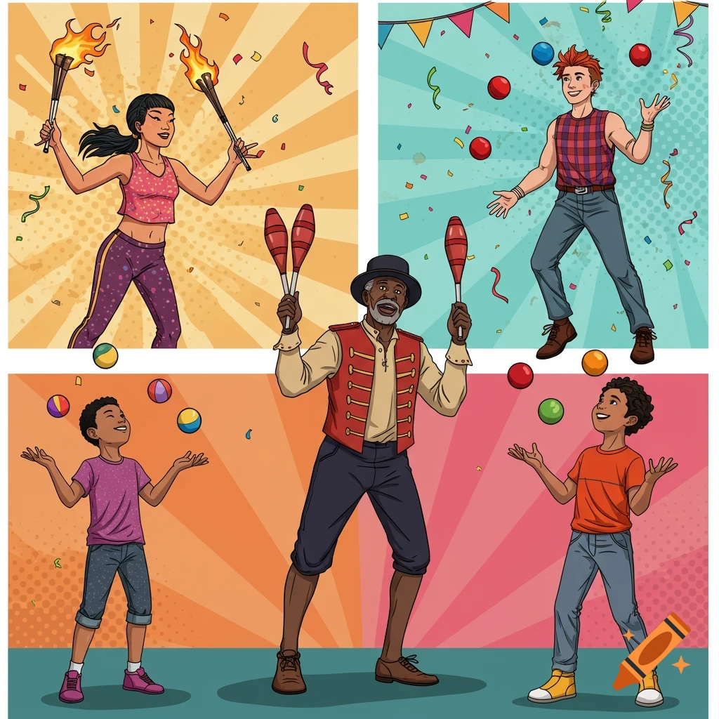 Diverse people juggling torches, clubs, and balls in a colorful, stylized illustration.