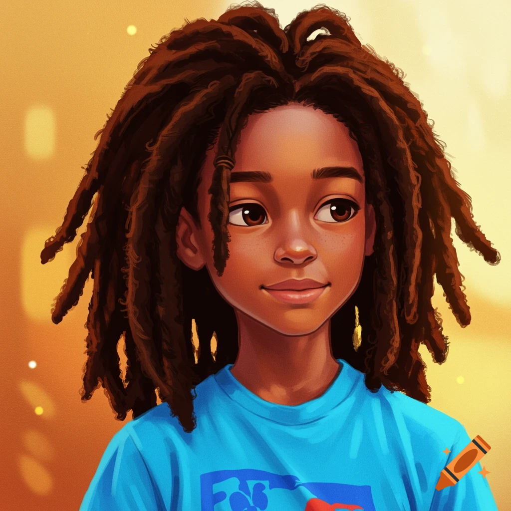 A young boy with dreadlocks wearing a blue t-shirt.