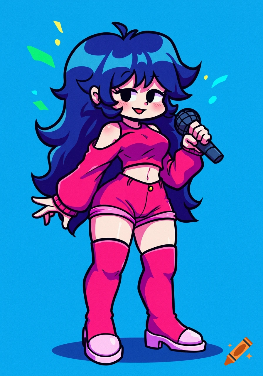 Cartoon girl with blue hair, pink top, shorts, and boots holding a microphone on a blue background in a stylized anime style.