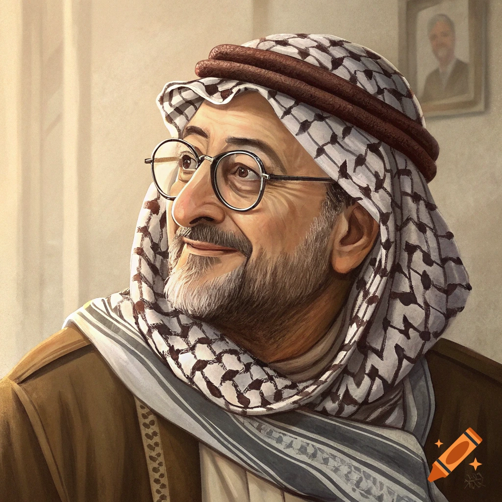 Illustration of an older man wearing glasses and a keffiyeh.