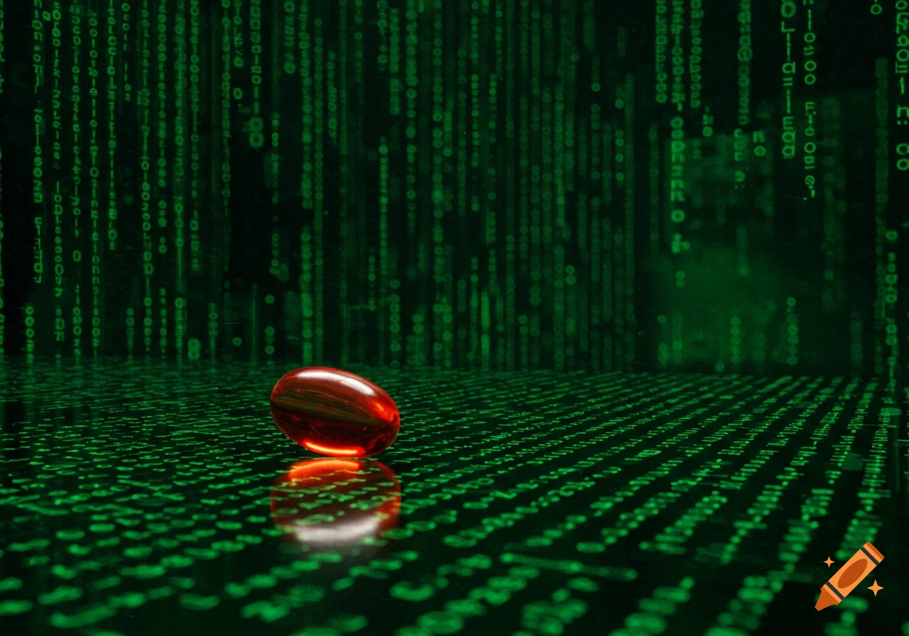 A red pill sits on a surface with green matrix code falling in the background.