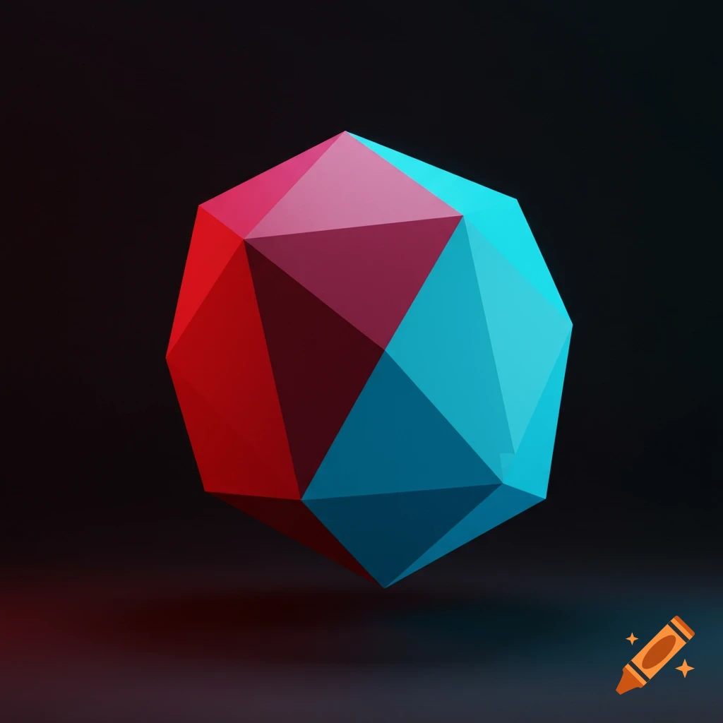 Red and blue geometric polyhedron shape on dark background.