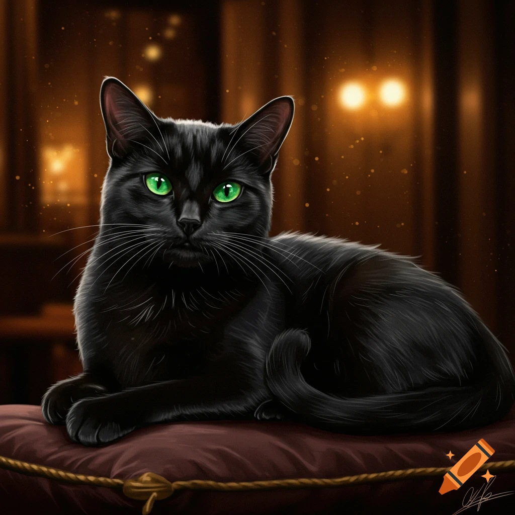 A black cat with green eyes is lying on a red pillow.