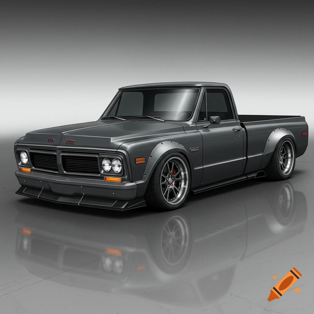 A dark gray widebody 1971 GMC C10 pickup truck