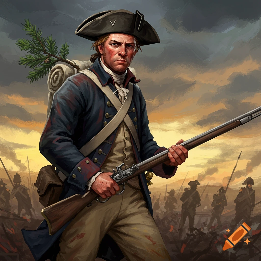 A revolutionary soldier holding a rifle in a battle scene.