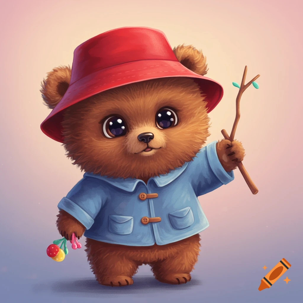 A cute cartoon bear with a red hat and blue coat holds a stick and a rattle.