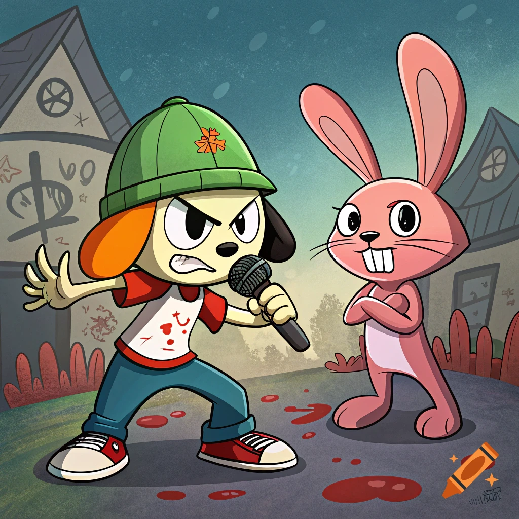 Cartoon dog rapping into a microphone with a pink bunny standing ...