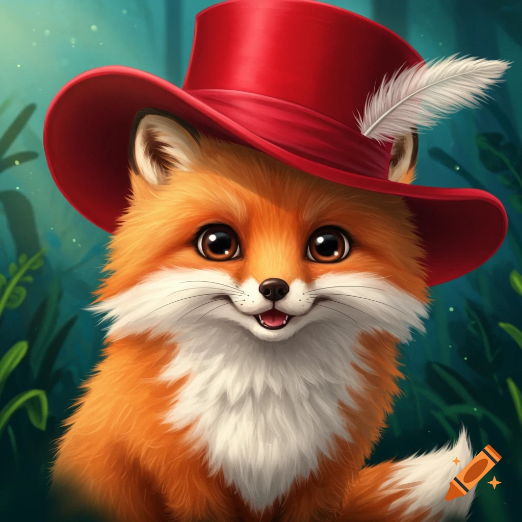 A cute depiction of a fox wearing a red top hat with a feather in a forest.