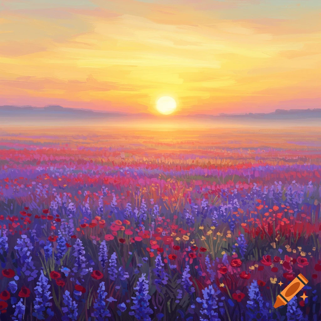 A colorful flower field at sunrise.