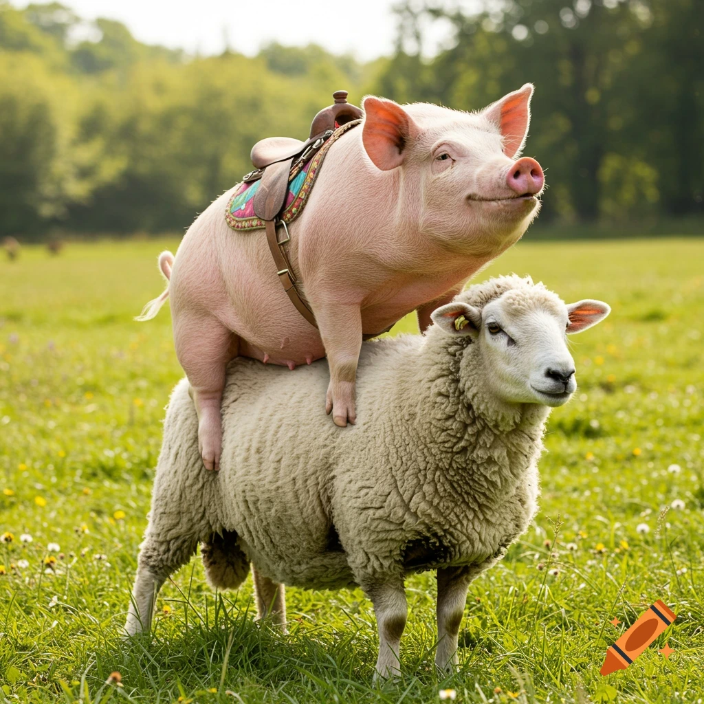 Photorealistic image of a pig with a saddle riding a sheep in a sunny field.